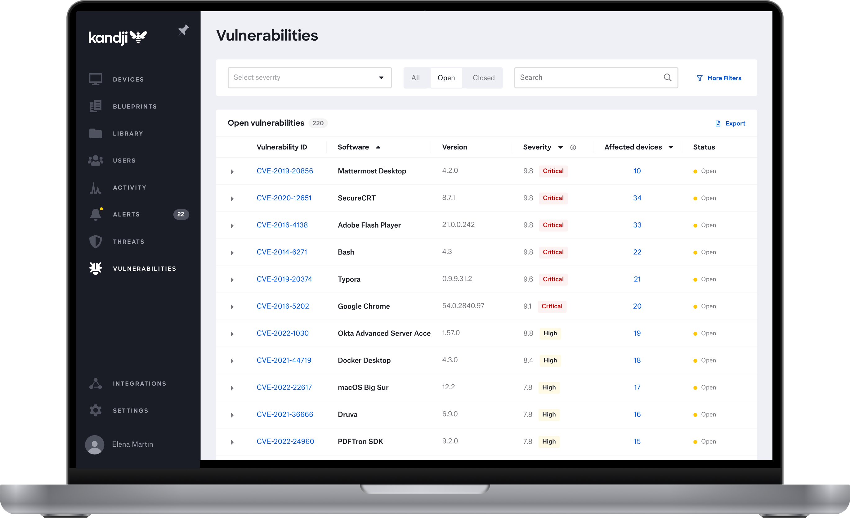 Vulnerabilities screen on Mac