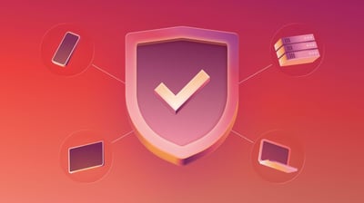 Featured image: An illustrated image showing four different device endpoints connected to a central protection hub (a shield with a checkmark), representing endpoint monitoring.