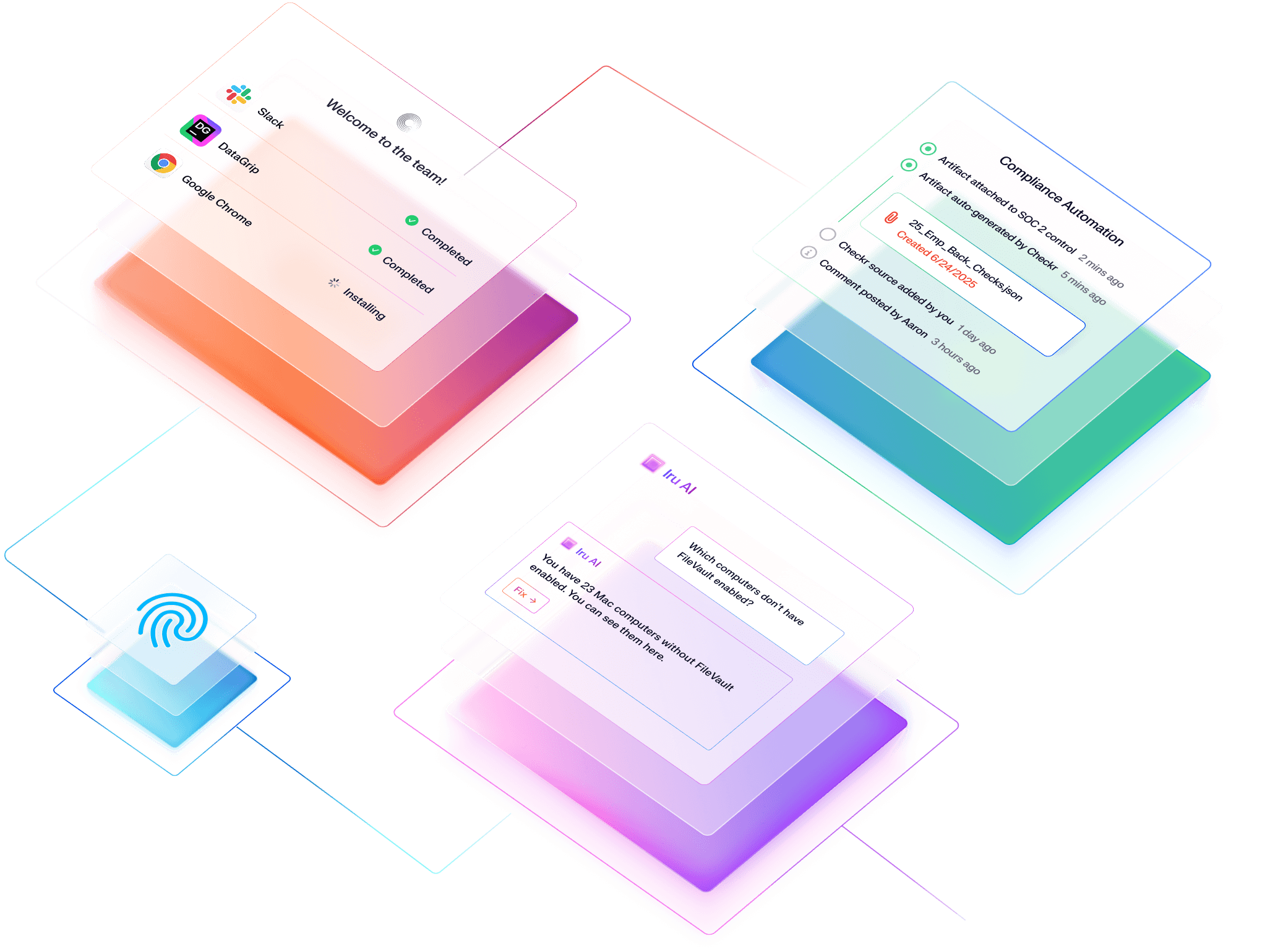 Homepage Hero Image made out of cards showing Iru selling points