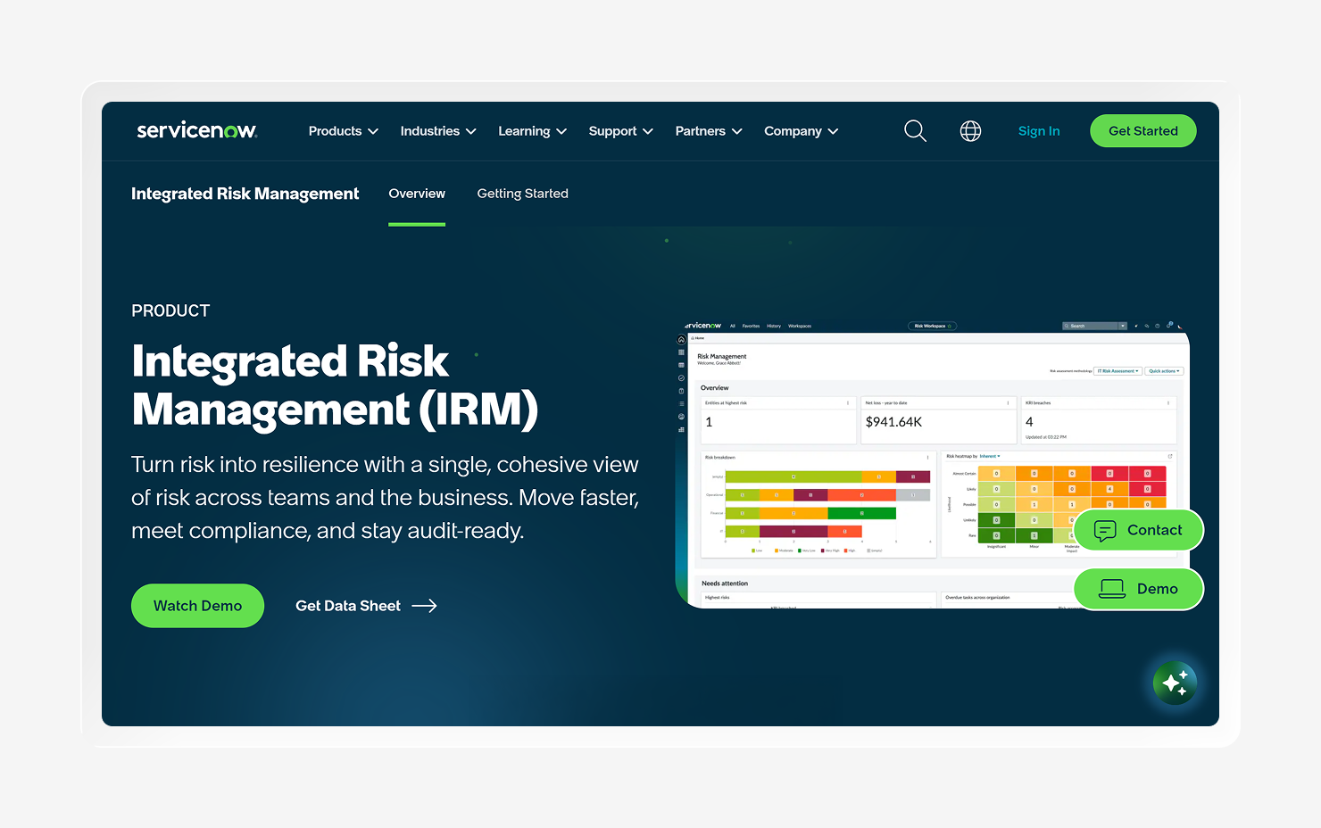 Screenshot of the ServiceNow IRM homepage.