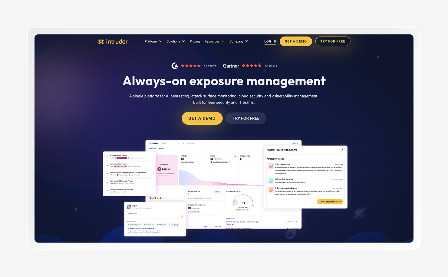 Screenshot of the Intruder homepage.