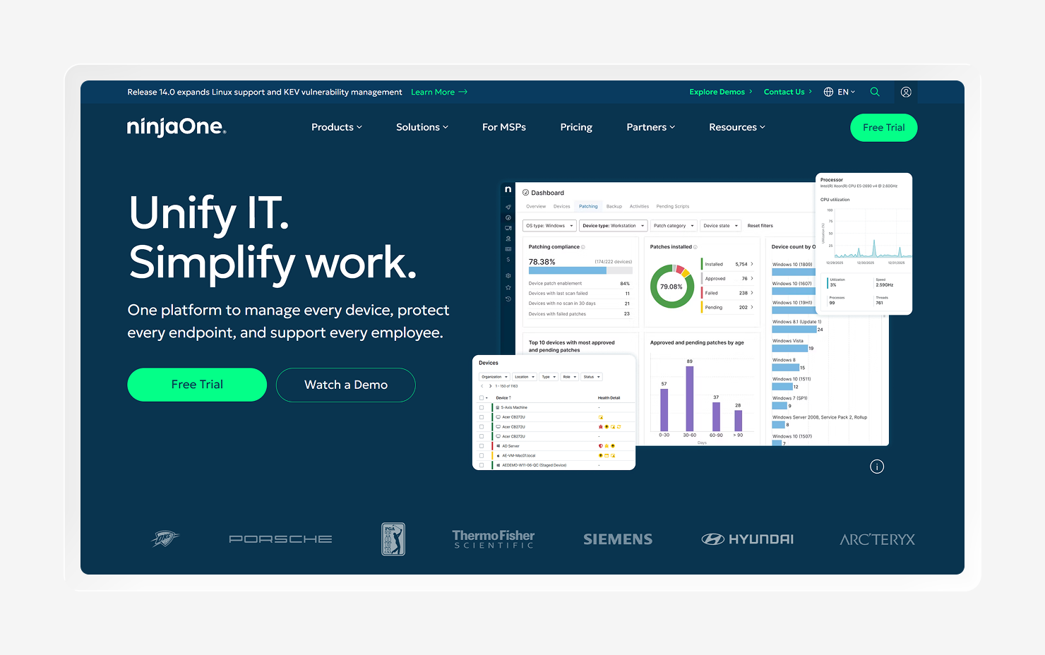 Screenshot of the NinjaOne homepage.