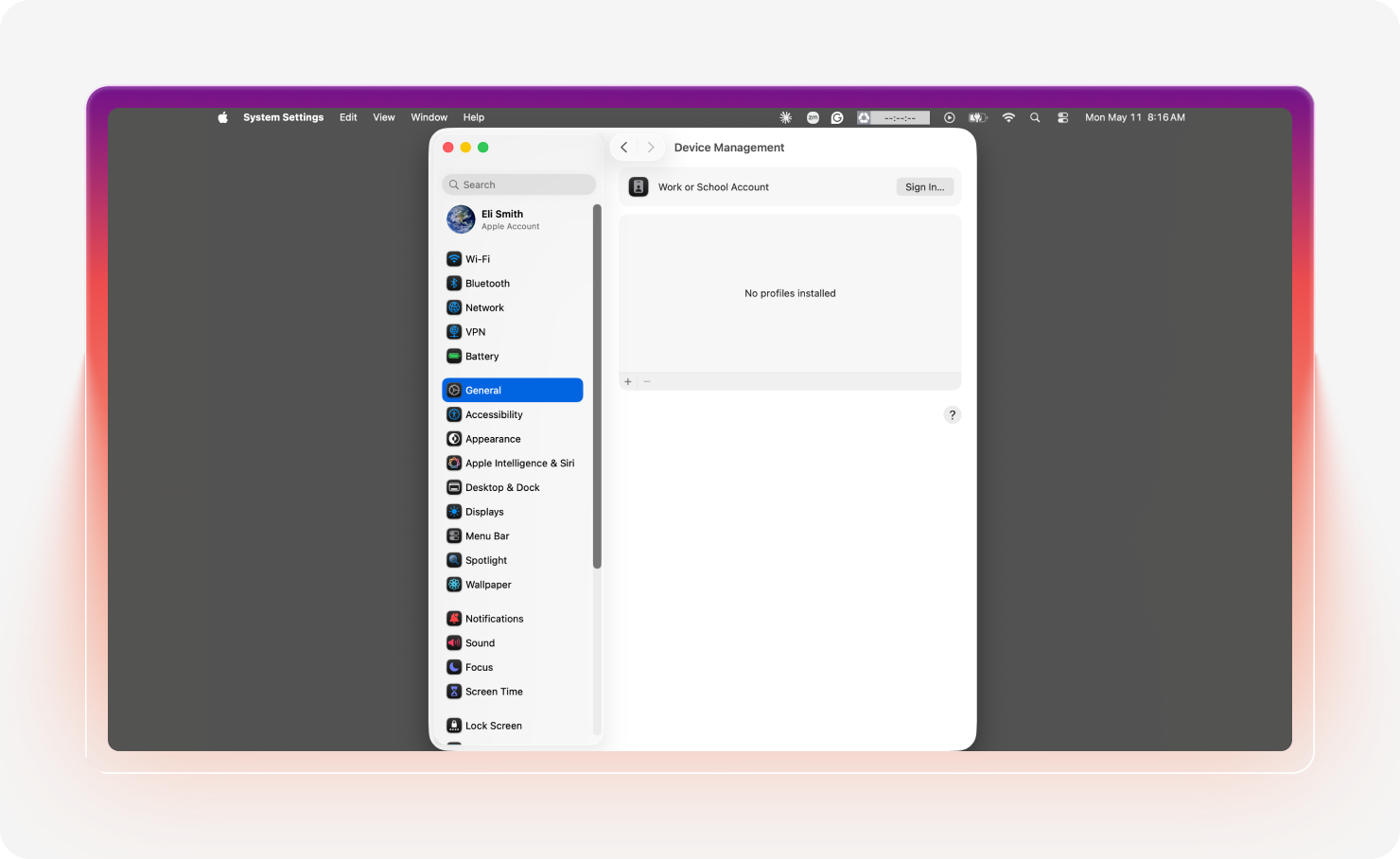 Screenshot a Mac’s Device Management screen with the sign-in button highlighted, showing how to self-enroll.