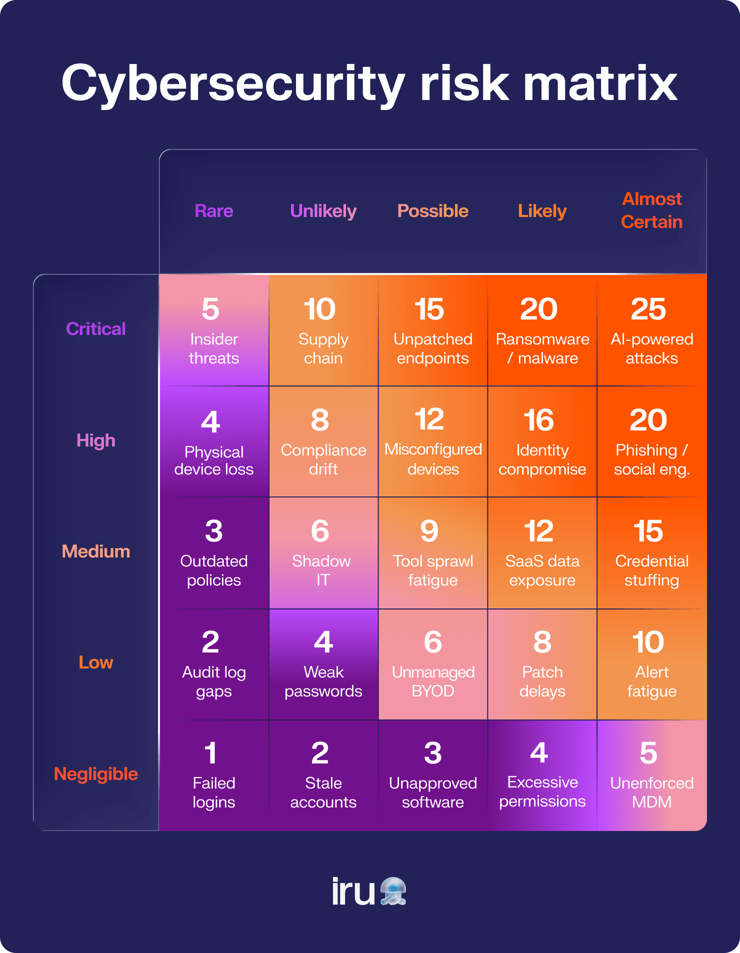 A risk matrix table showing different scores for different levels of concern that cybersecurity professionals should have when it comes to specific risks.