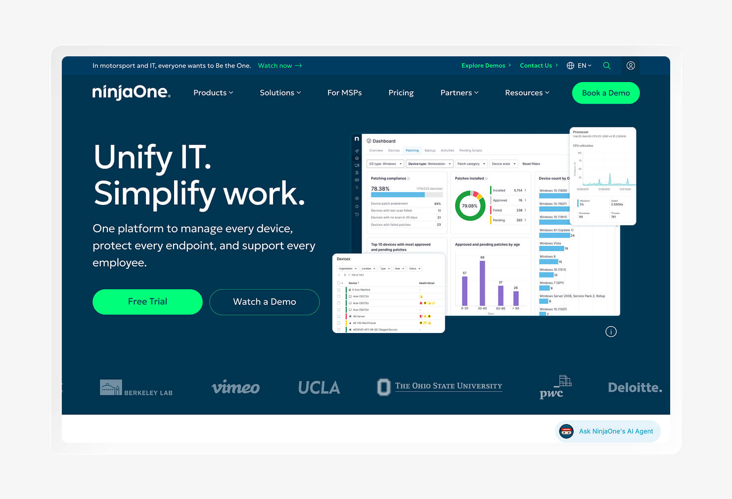 A screenshot of the NinjaOne homepage