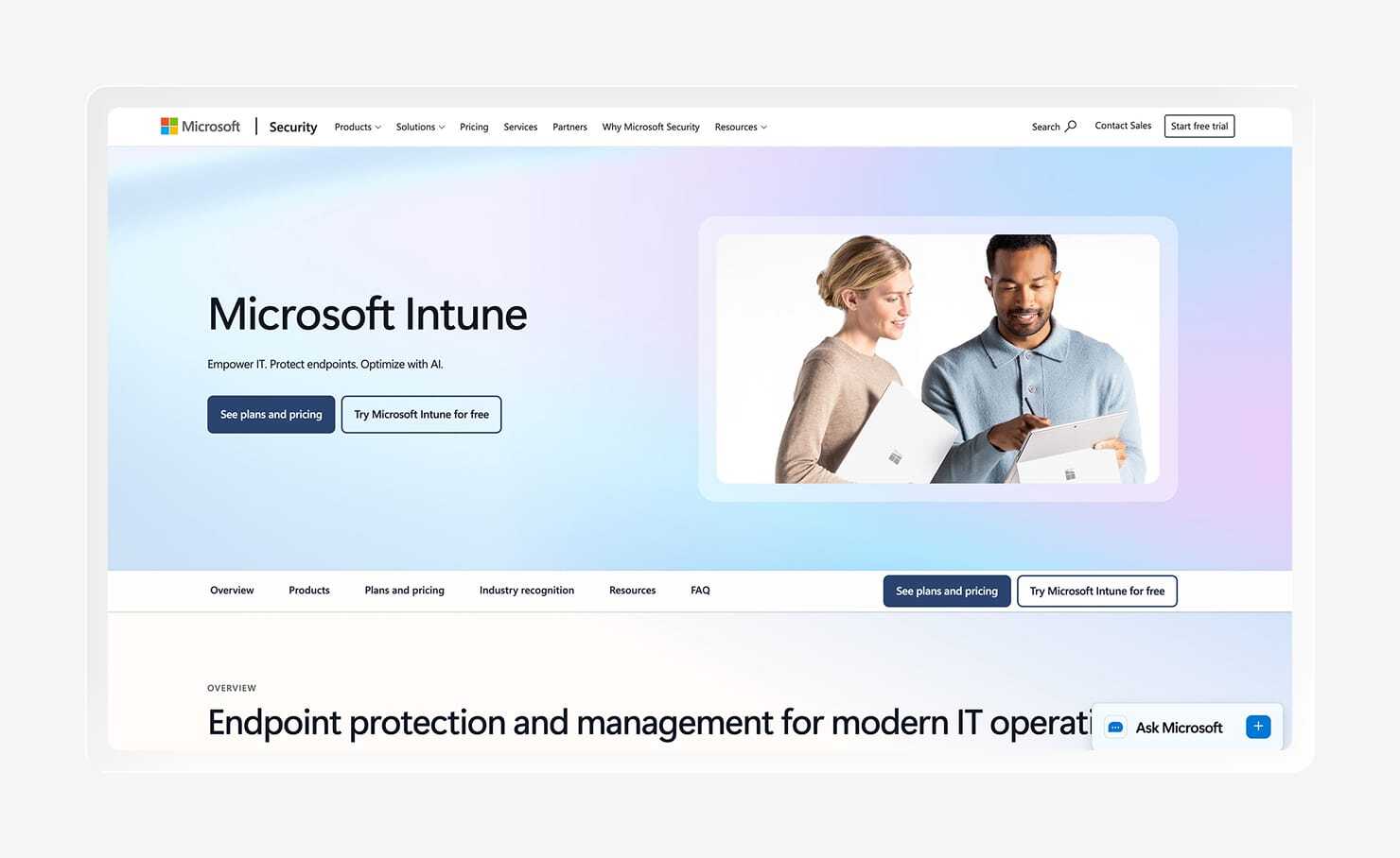 Screenshot of the Microsoft Intune homepage.