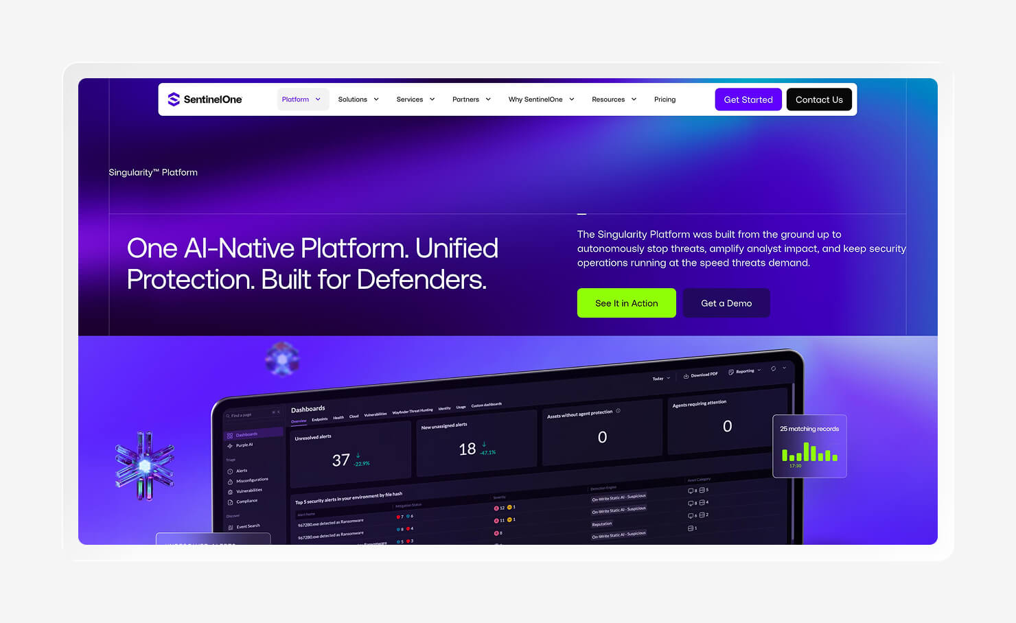 Screenshot of the SentinelOne Singularity™ Complete homepage.