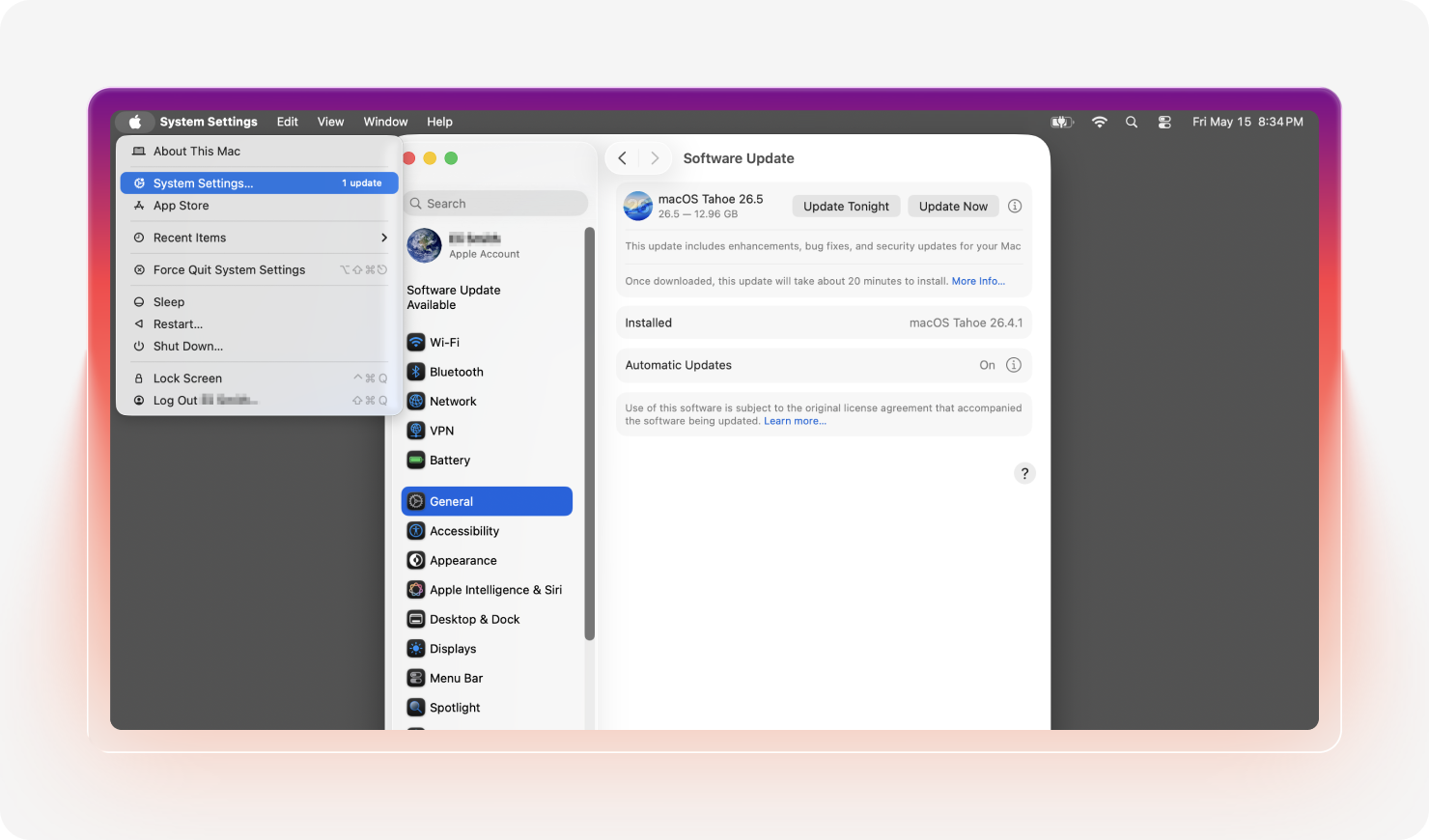 A screenshot showing you how to manually patch (update) your Mac through the System Settings.