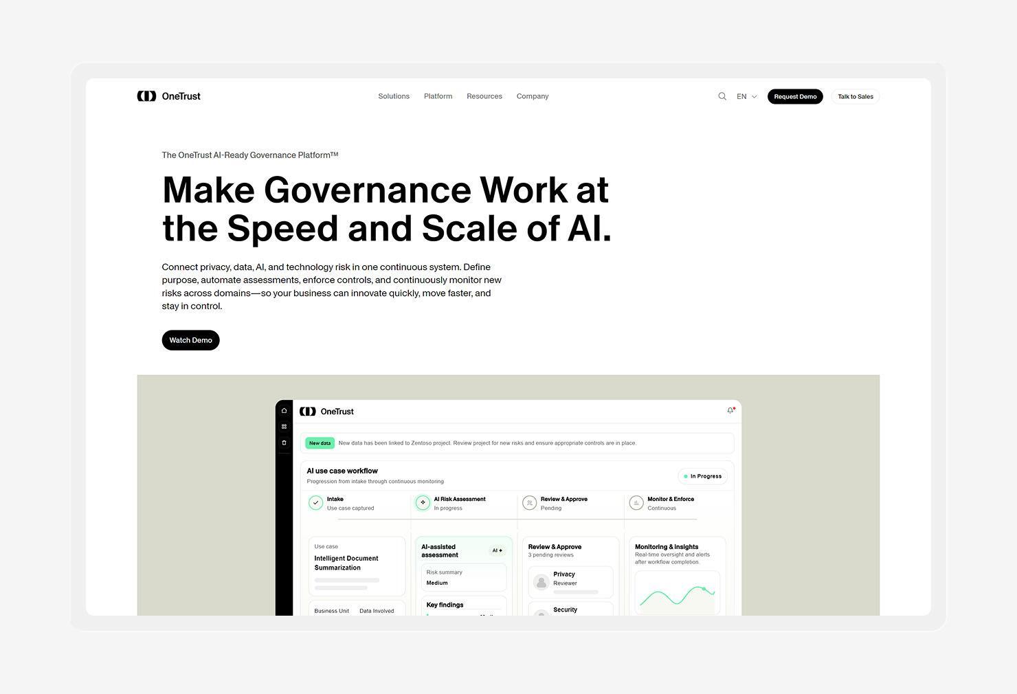 A screenshot of the OneTrust homepage