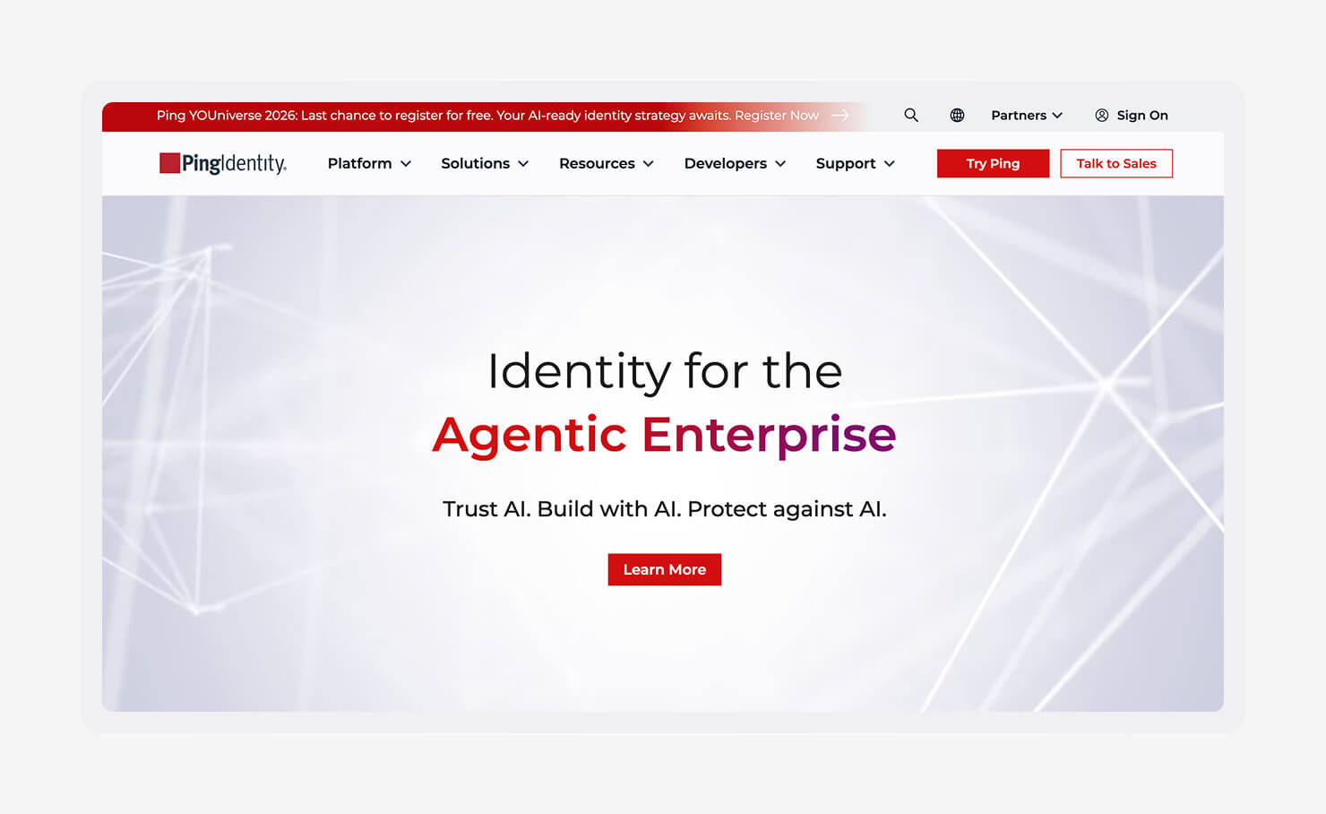 A screenshot of the Ping Identity homepage.
