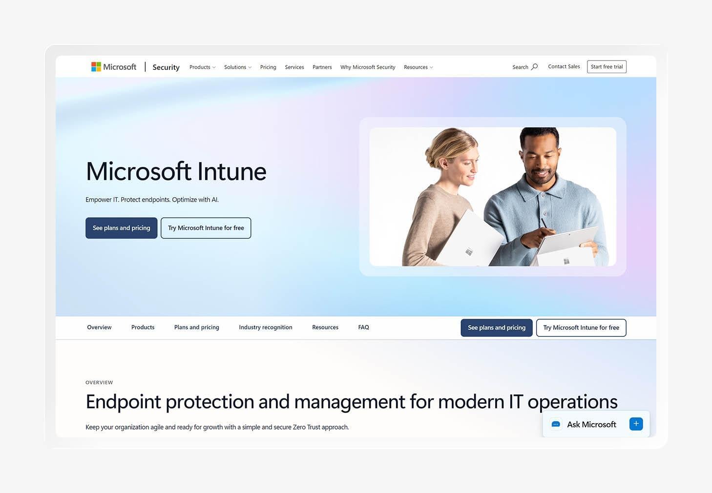 Screenshot of the Microsoft Intune homepage.