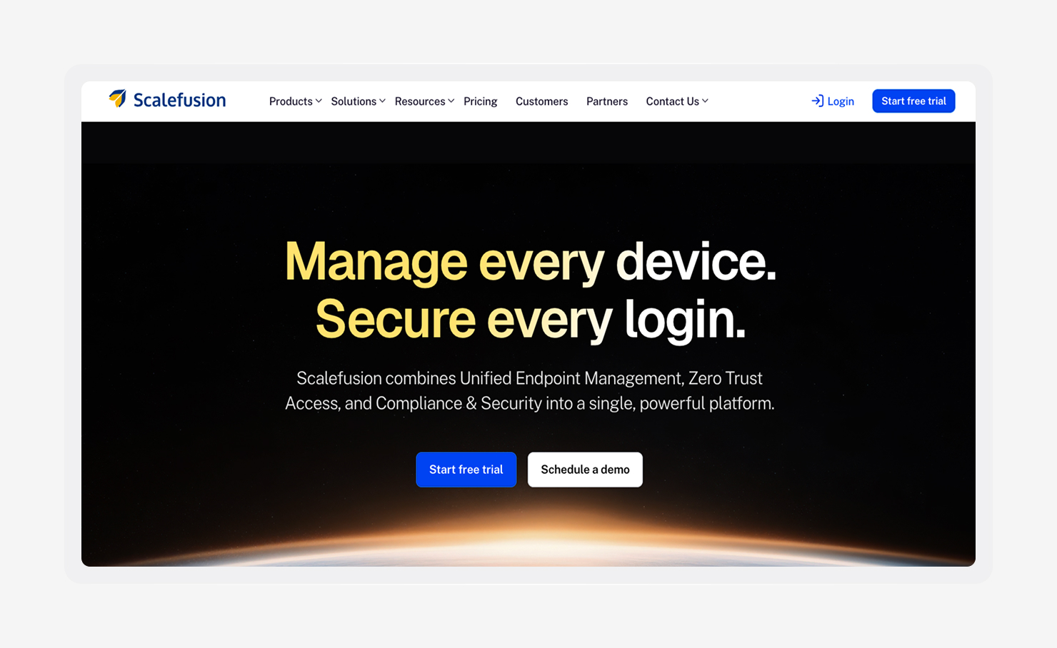 A screenshot of the ScaleFusion homepage.