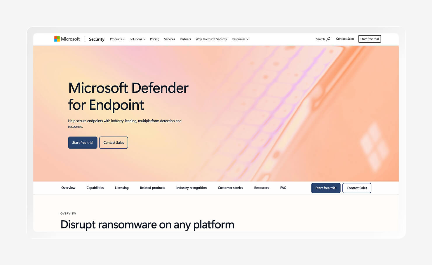Screenshot of the Microsoft Defender for Endpoint homepage.