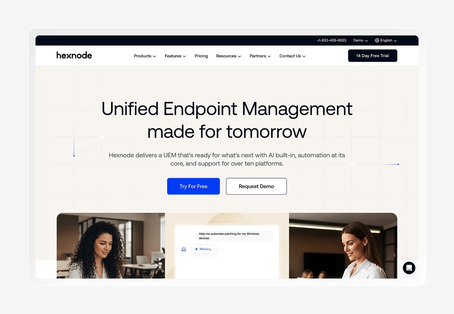 A screenshot of the Hexnode homepage