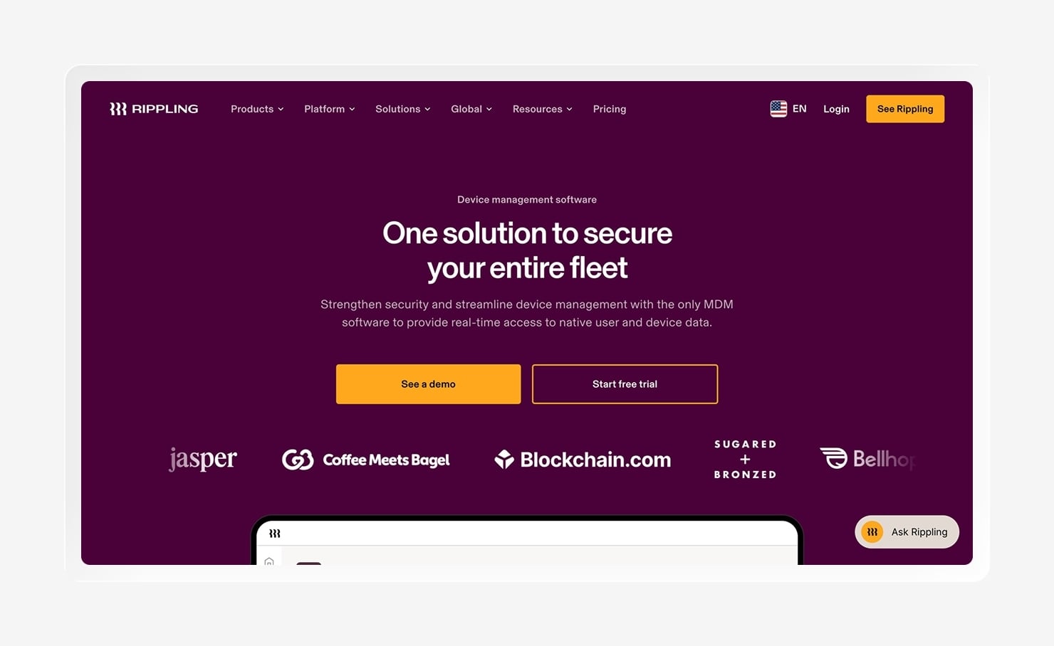 Screenshot of the Rippling homepage.