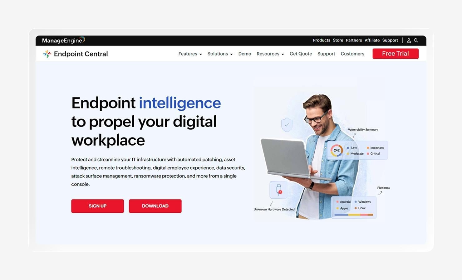 A screenshot of the ManageEngine homepage