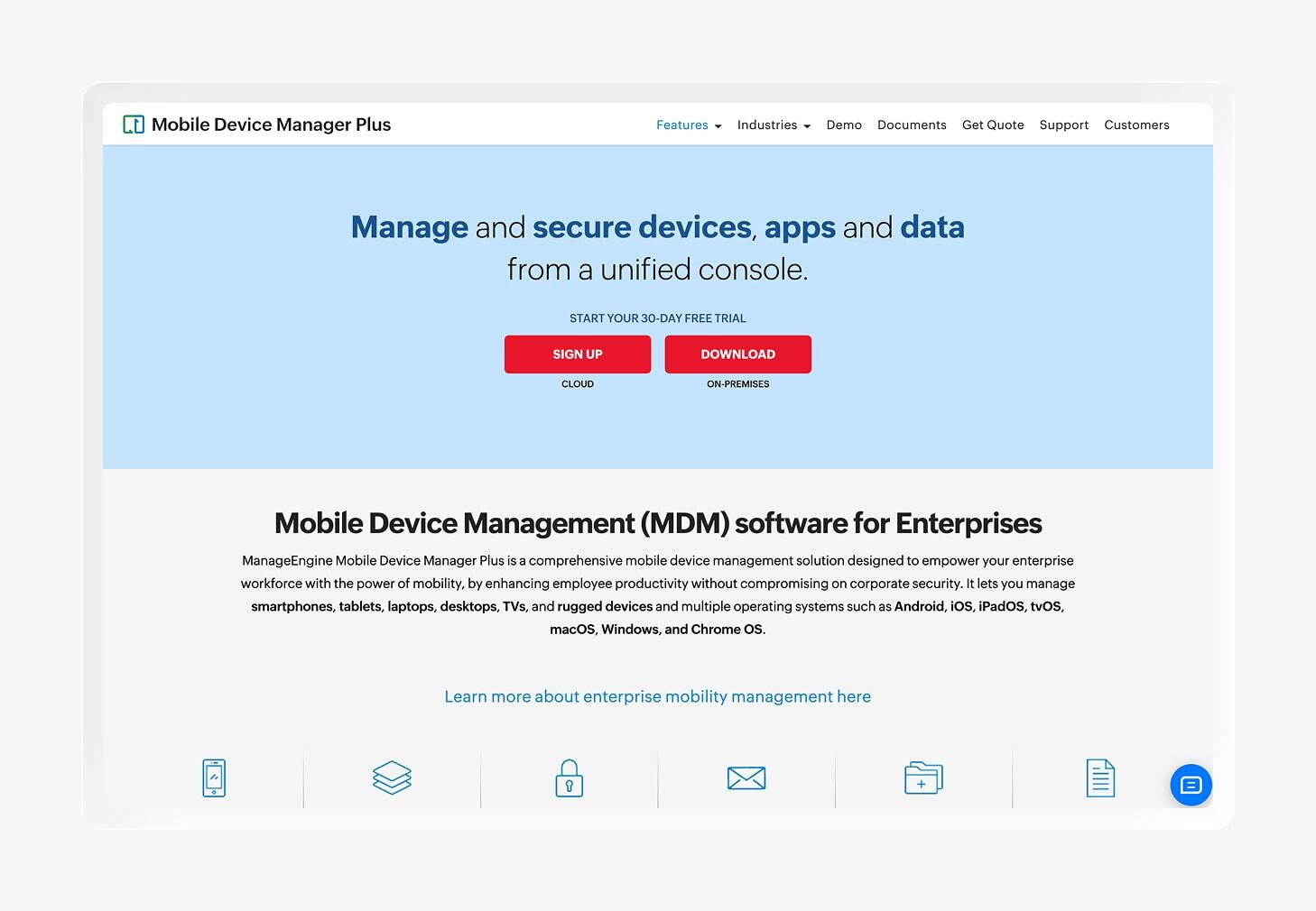 A screenshot of the ManageEngine MDM Plus homepage