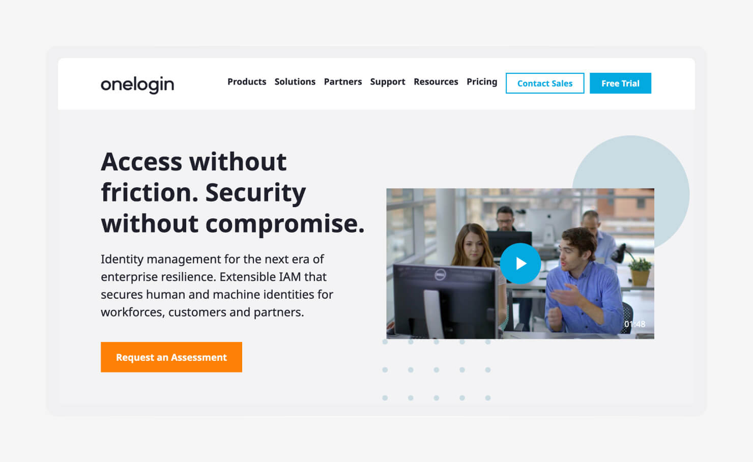 A screenshot of the OneLogin homepage.