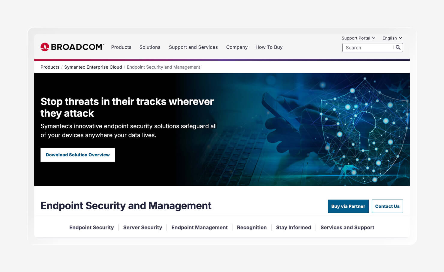 Screenshot of the Symantec Endpoint Security homepage.