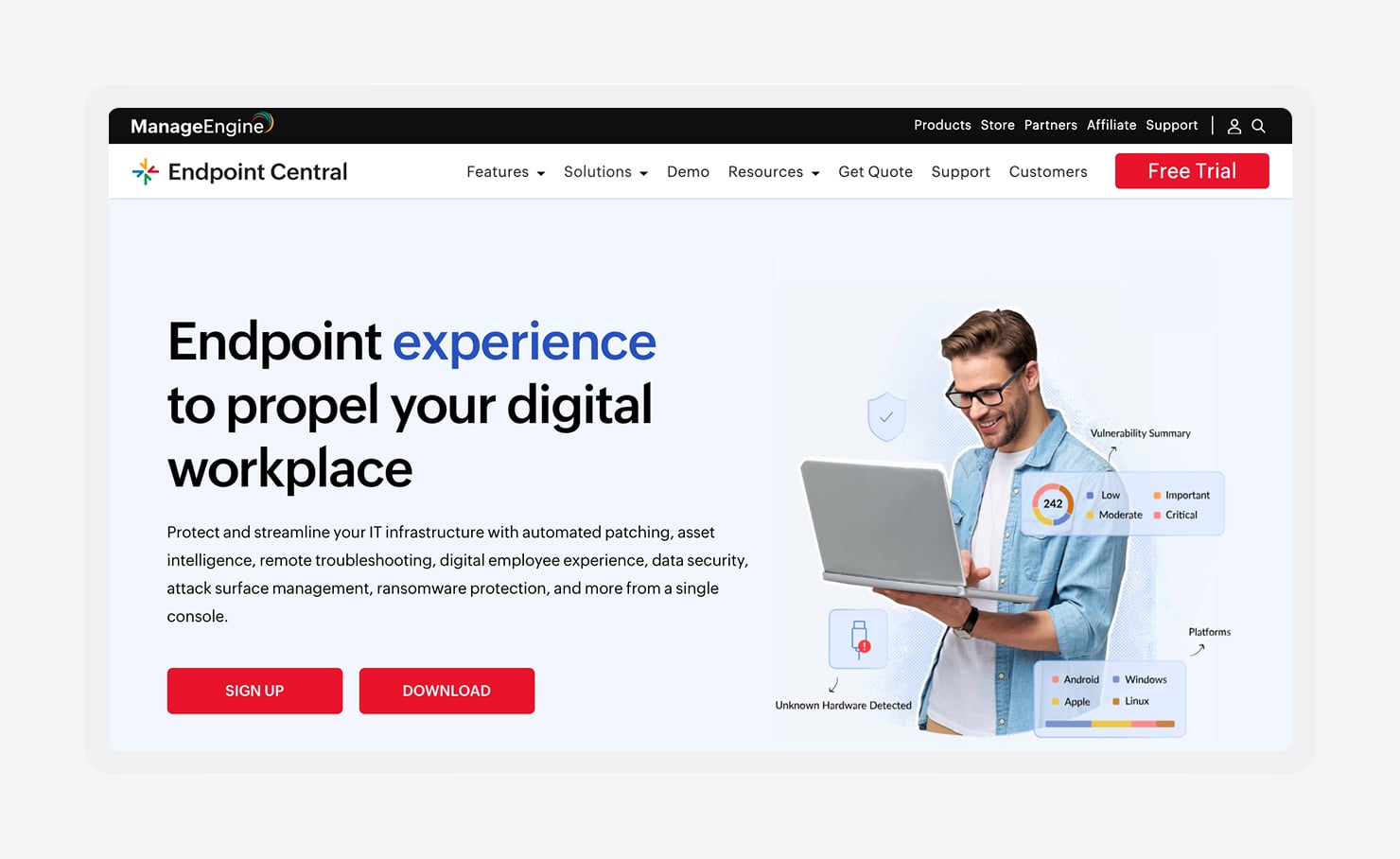 A screenshot of the ManageEngine Endpoint Central homepage