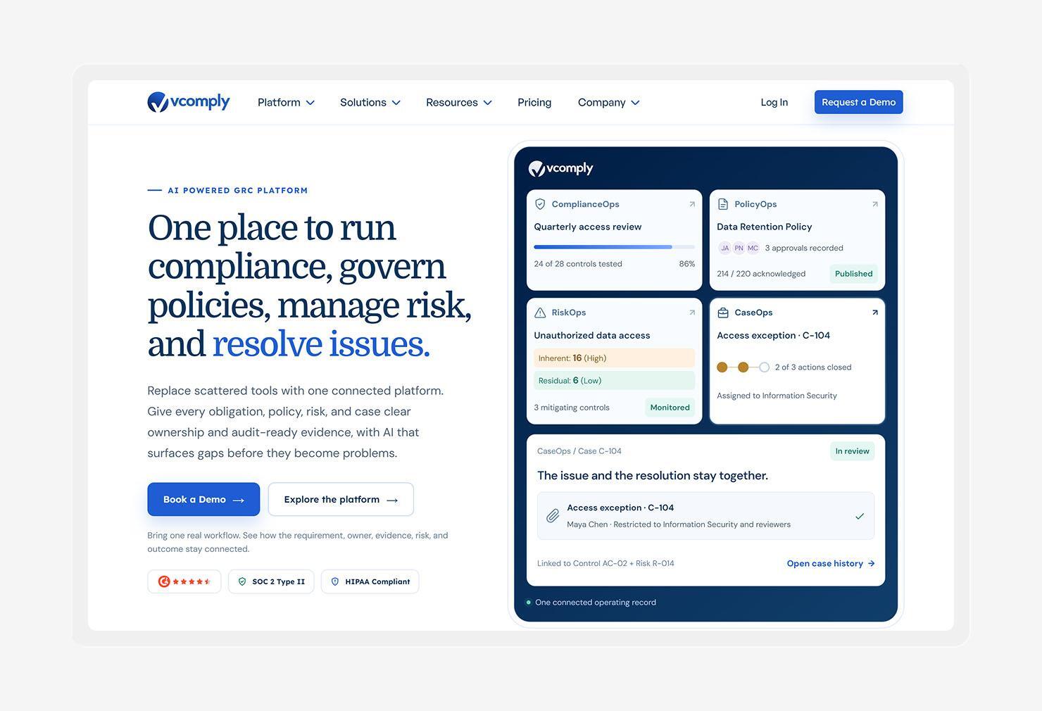 A screenshot of the VComply homepage