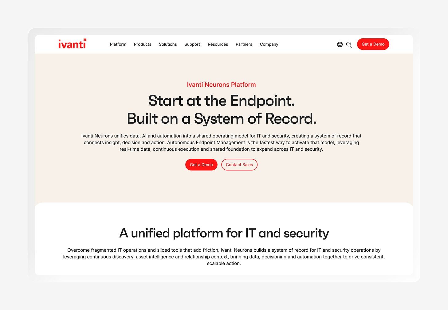 A screenshot of the Ivanti Neurons homepage