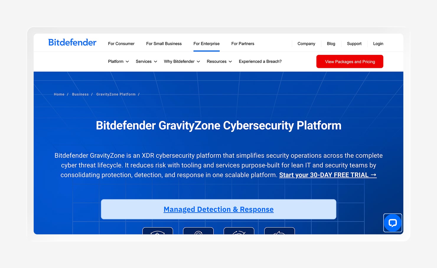 A screenshot of the Bitdefender GravityZone homepage.
