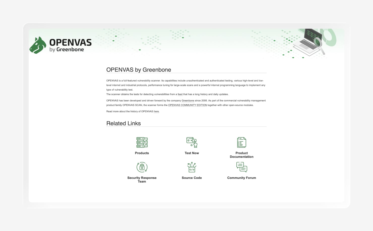 Screenshot of the OpenVAS homepage.