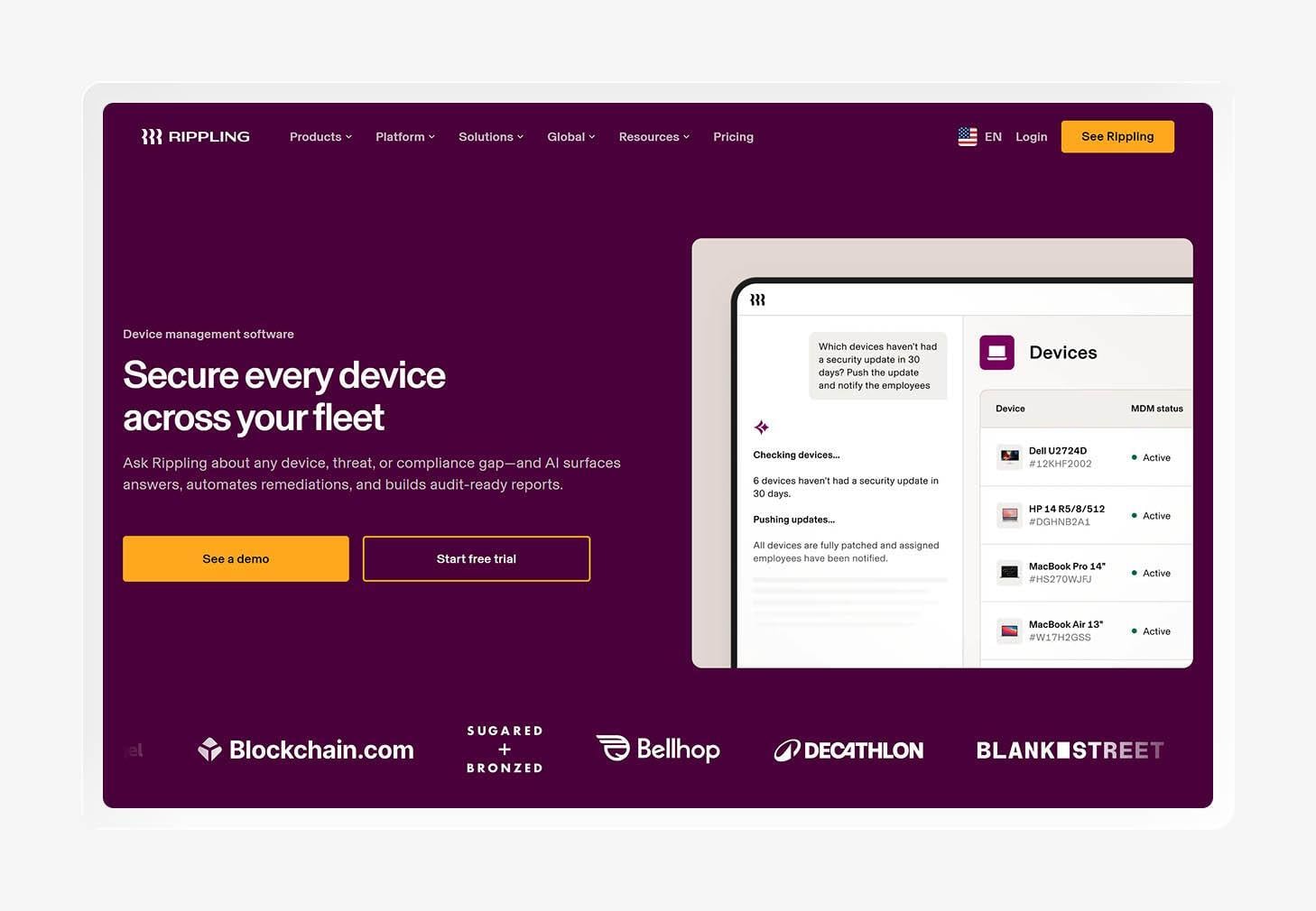 Screenshot of the Rippling homepage.
