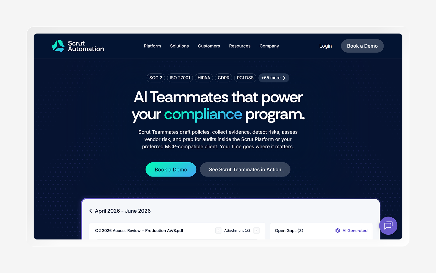 Screenshot of the Scrut Automation homepage.