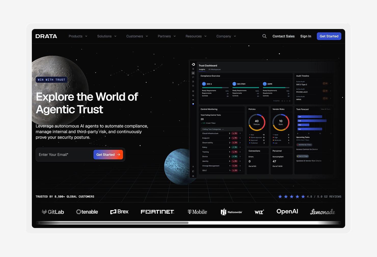 A screenshot of the Drata homepage