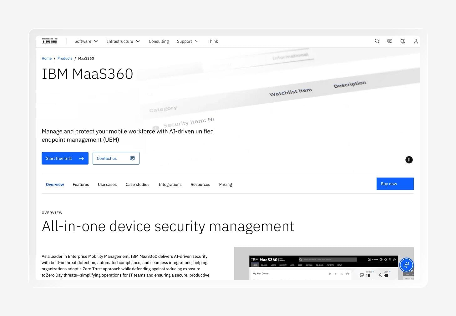 A screenshot of the IBM MaaS360 homepage