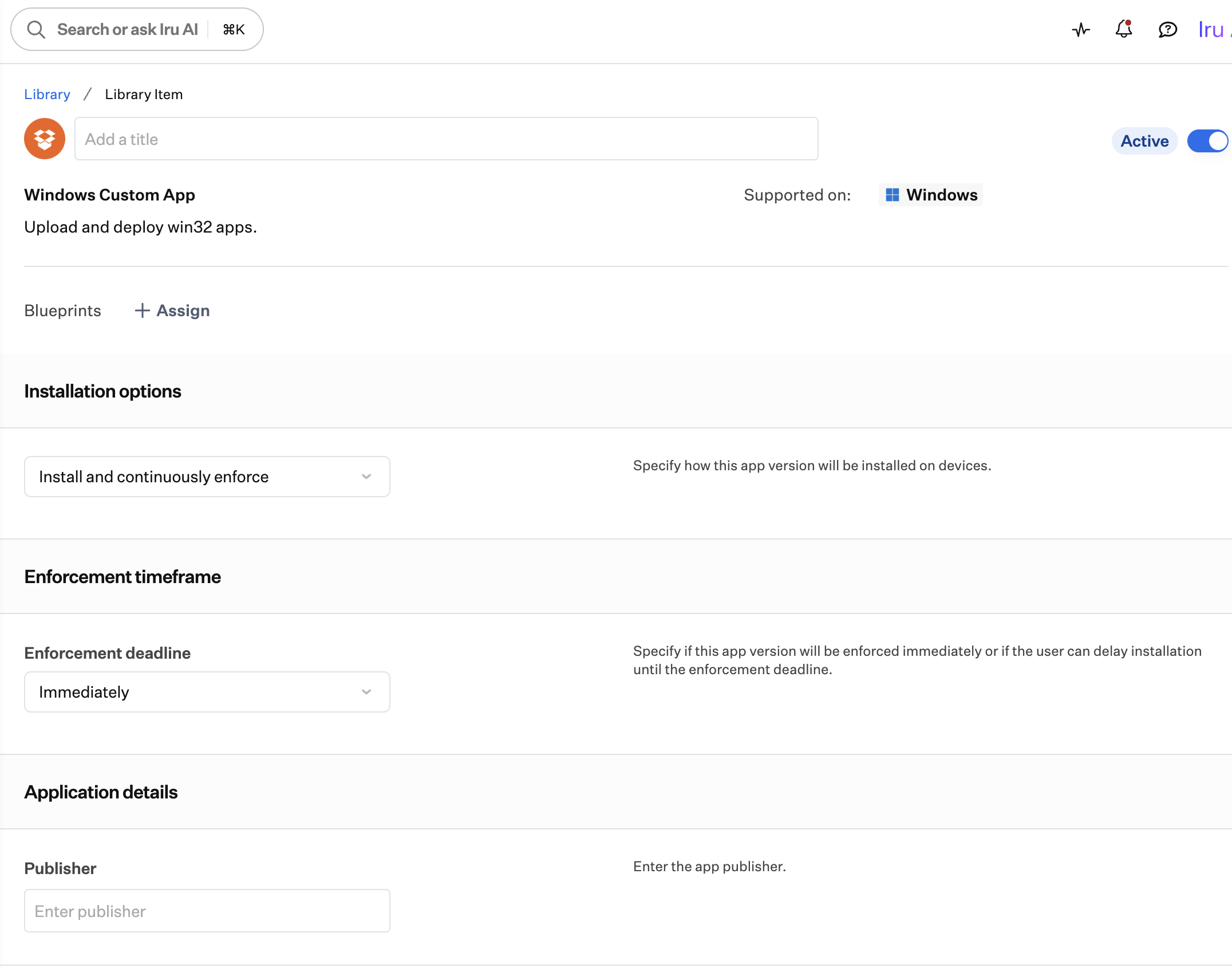 Windows Custom App library item settings