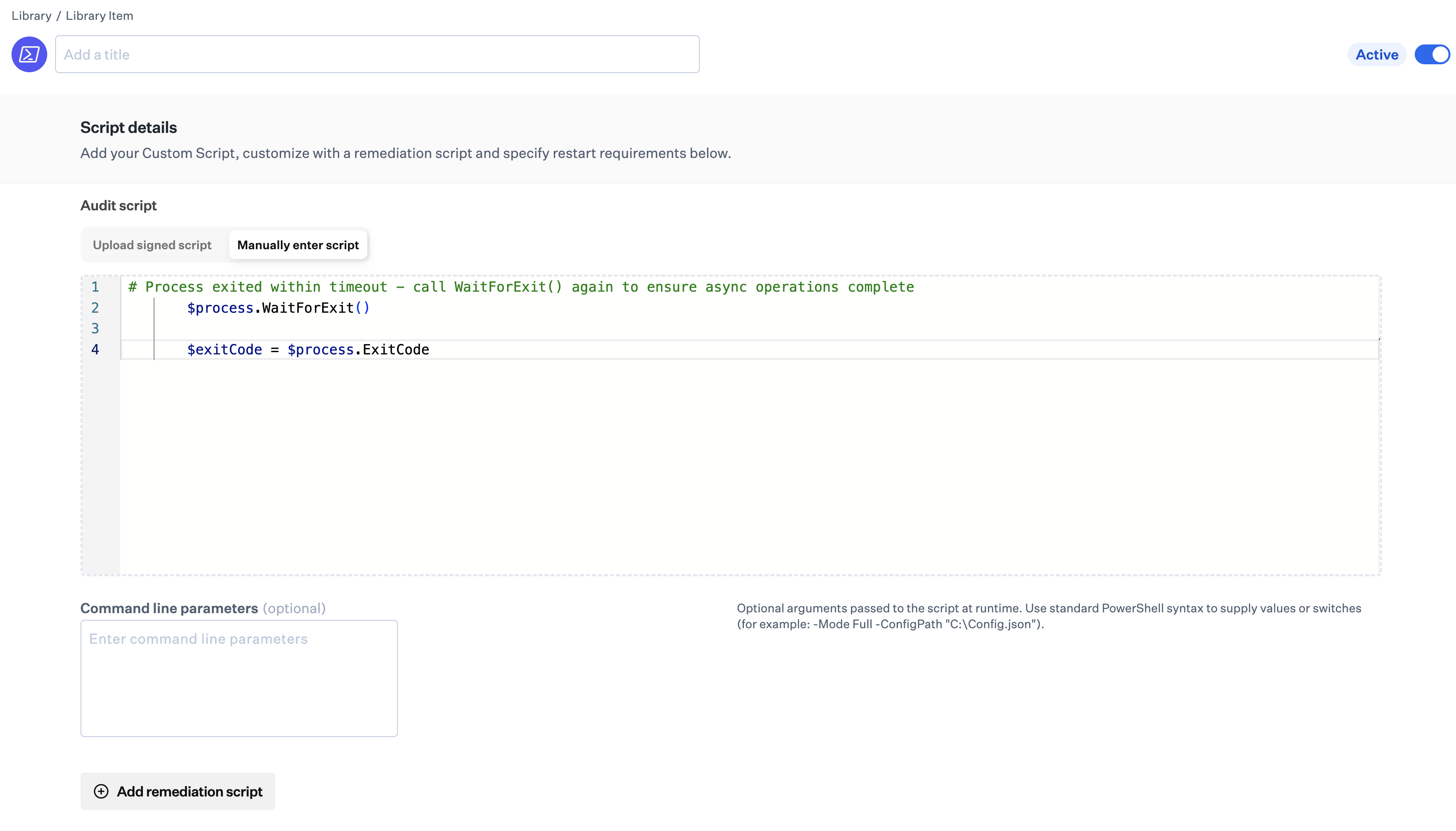 Windows Custom Scripts configuration interface showing script upload, parameters, remediation options, and execution context
